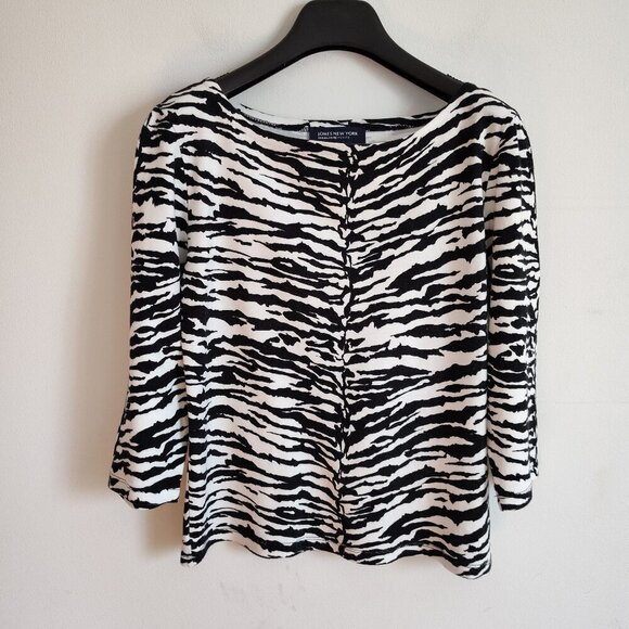 Ladies Petite SZ PS Jones New York White/Black Zebra Print T-Shirt - Picture 1 of 3